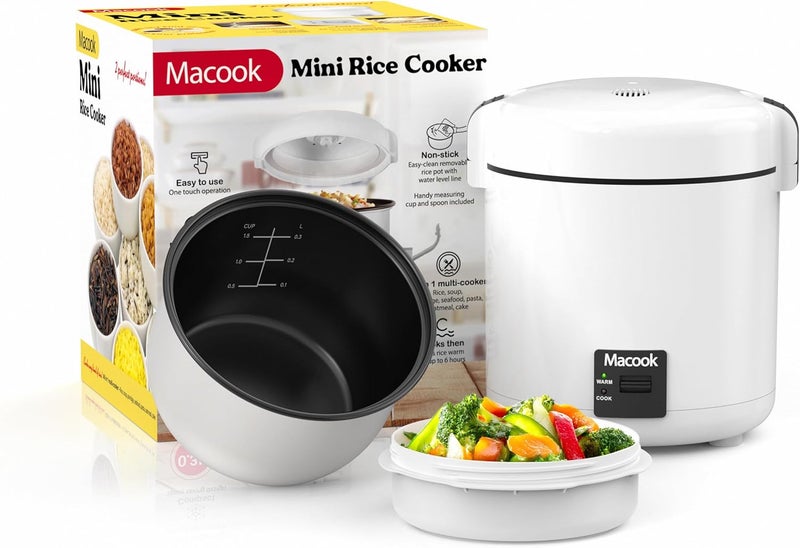 Macook Mini Rice Cooker 1-1.5 Cups Uncooked(3 Cups Cooked), Rice Cooker Small with Bento Box, Removable Nonstick Pot, One Touch&Keep Warm Function, Portable Cooker for Soup Grain Oatmeal Veggie, Black - Image 1